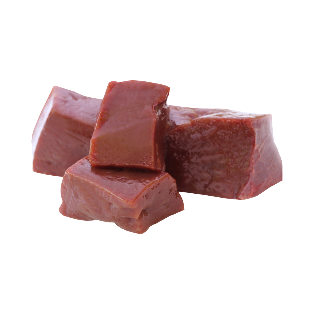 Four pieces of beef liver on a white background