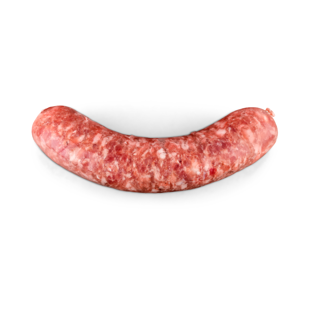 Uncooked beef sausage on a white background