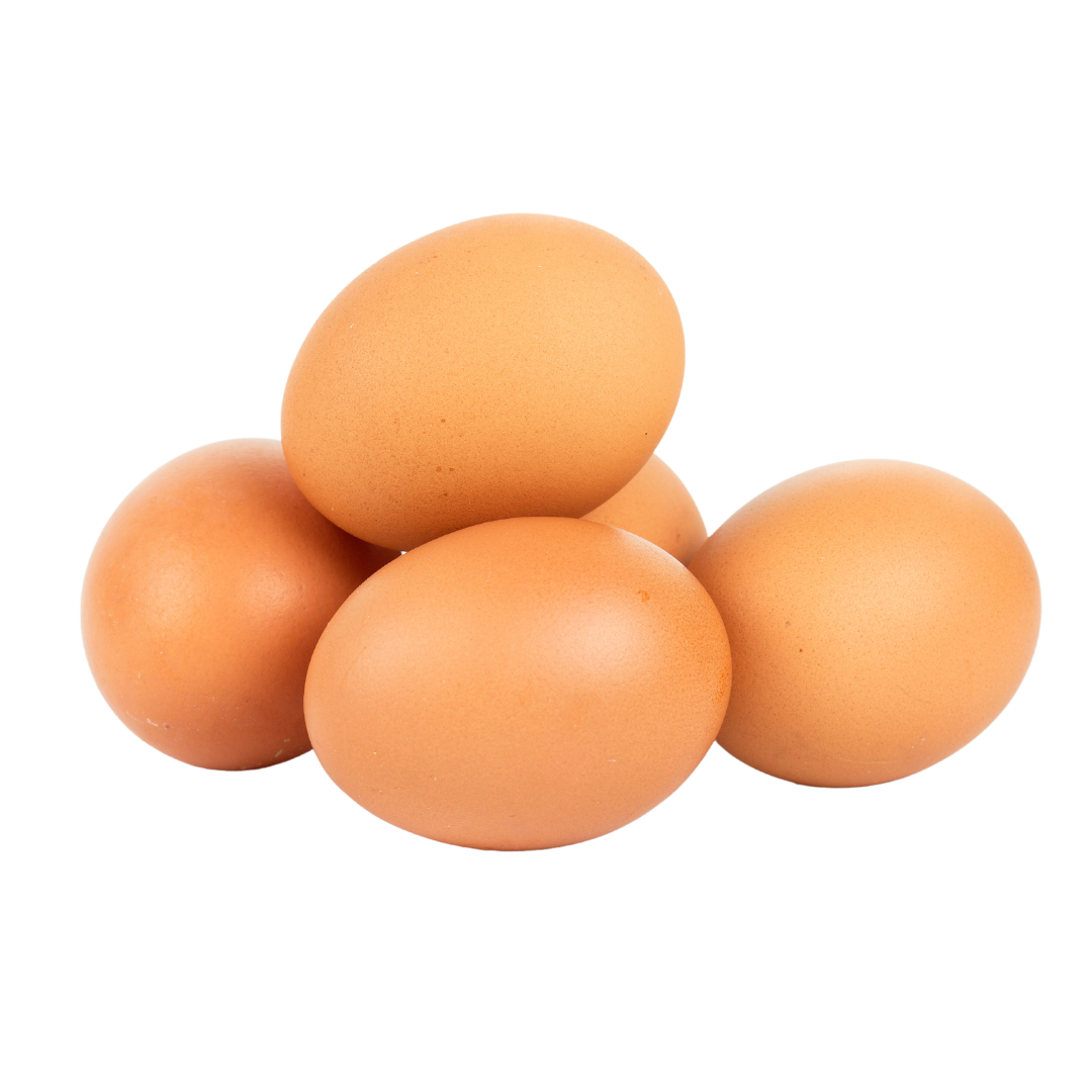 Five brown eggs stacked on a white background