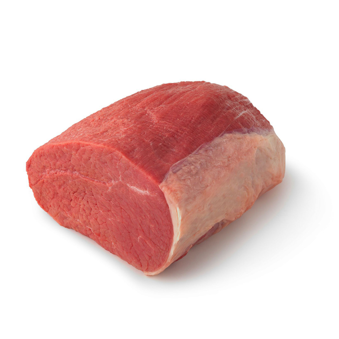 raw beef eye of round roast on white background