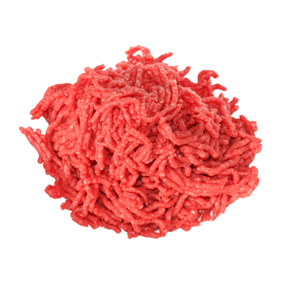 Pile of ground beef on a white background