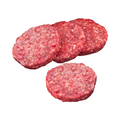 Four raw hamburger patties on a white background