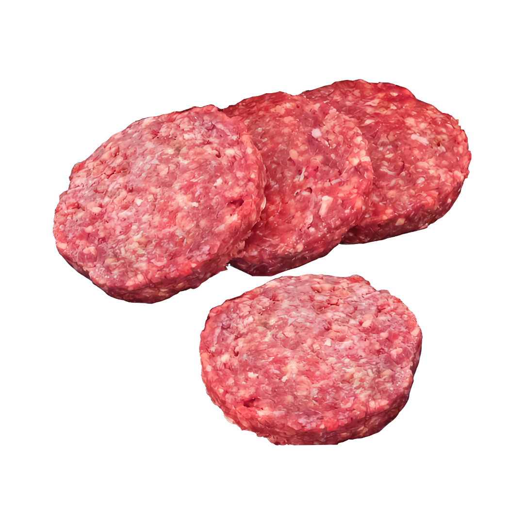 Four raw hamburger patties on a white background