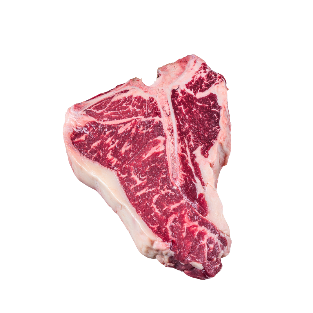 raw t-bone steak on a white background