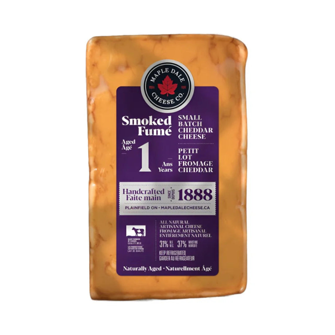 Bag of smoked fume cheddar cheese with a purple label on a white background