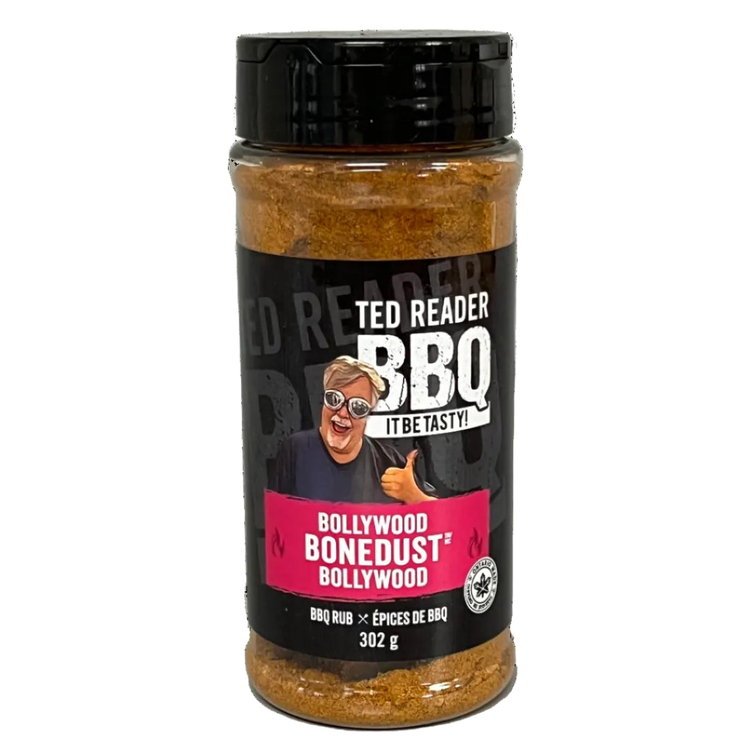 Jar of Ted Reader BBQ Bollywood Bonedust with a person on the label against a white background