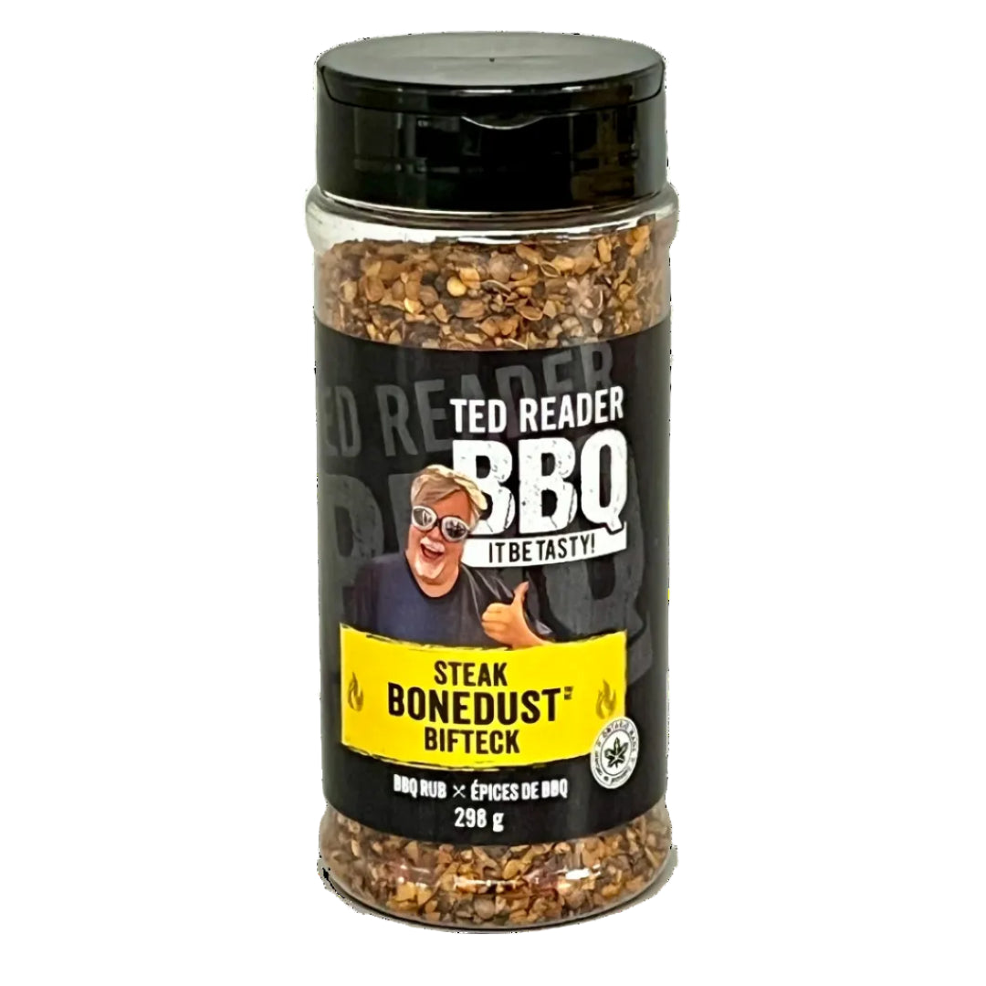 Jar of Ted Reader BBQ steak bonedust bifeck spice mix on a white background