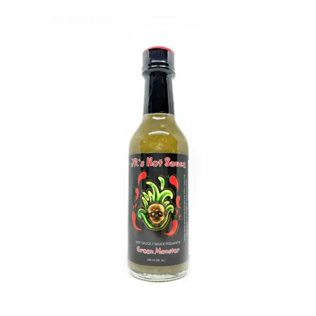 Bottle of hot sauce with a colorful label on a white background