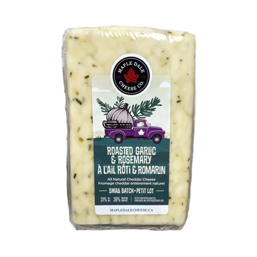 Packaged cheese with a label for Maple Dale Cheese Co. on a white background