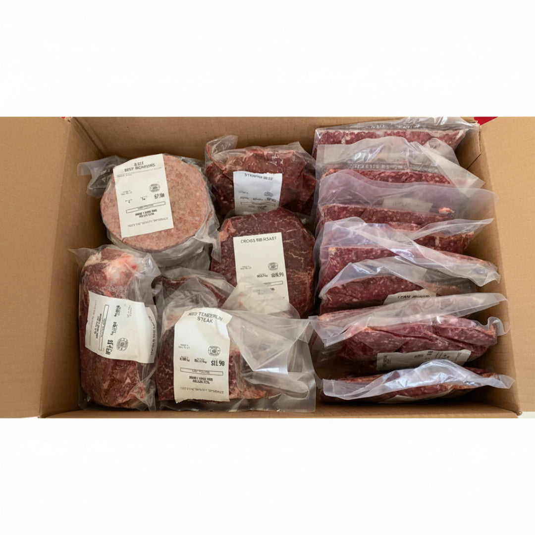 Box of raw beef packages with labels in a cardboard box