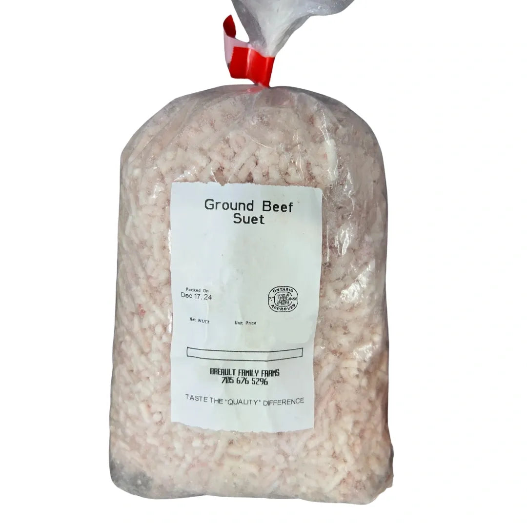 Bag of ground beef suet with a label on a white background