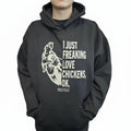 Black hoodie with a graphic of a rooster and text on a white background