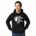 Person wearing a black hoodie with text and graphic design on a transparent background