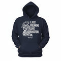 Navy blue hoodie with a graphic of a rooster and text on a white background