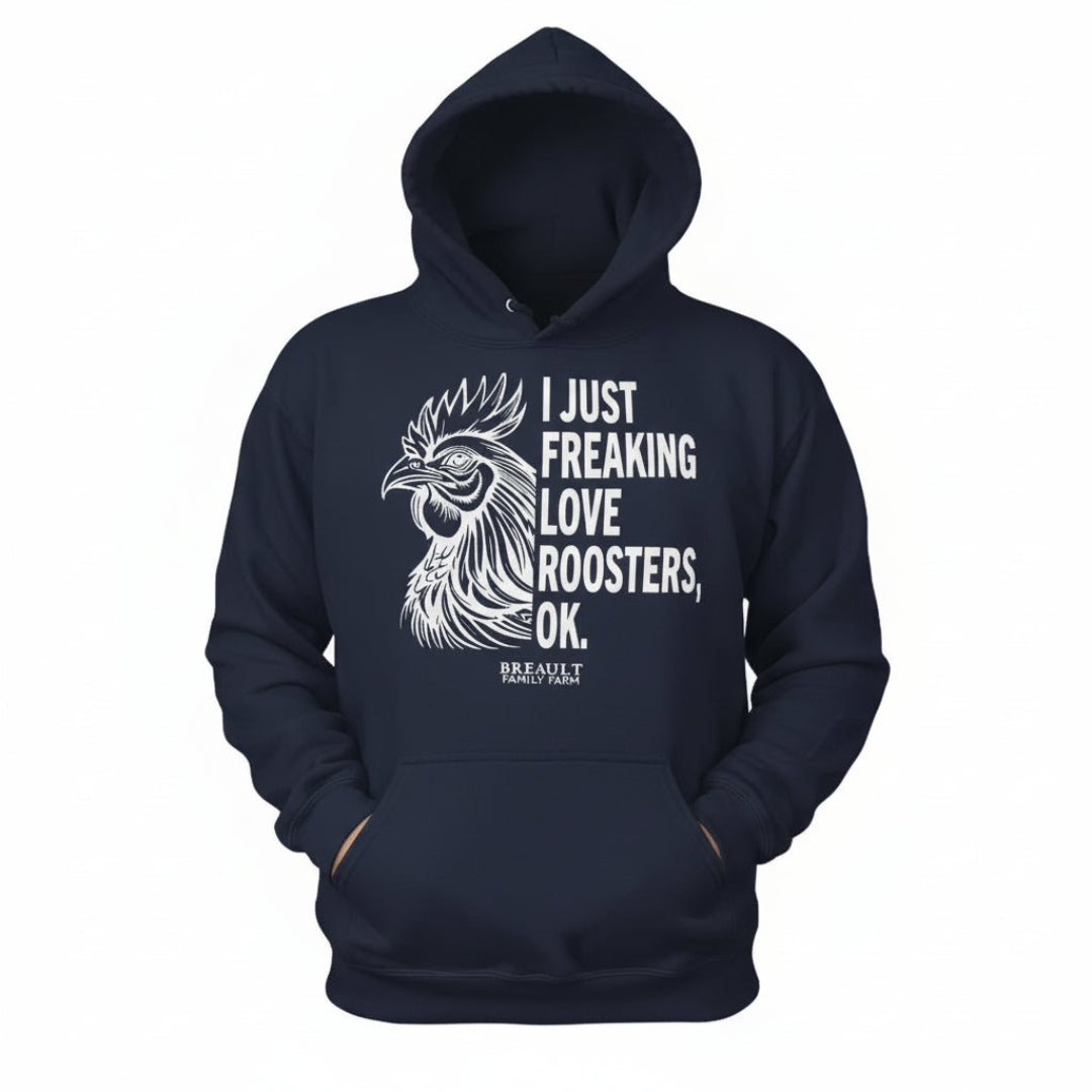 Navy blue hoodie with a graphic of a rooster and text on a white background