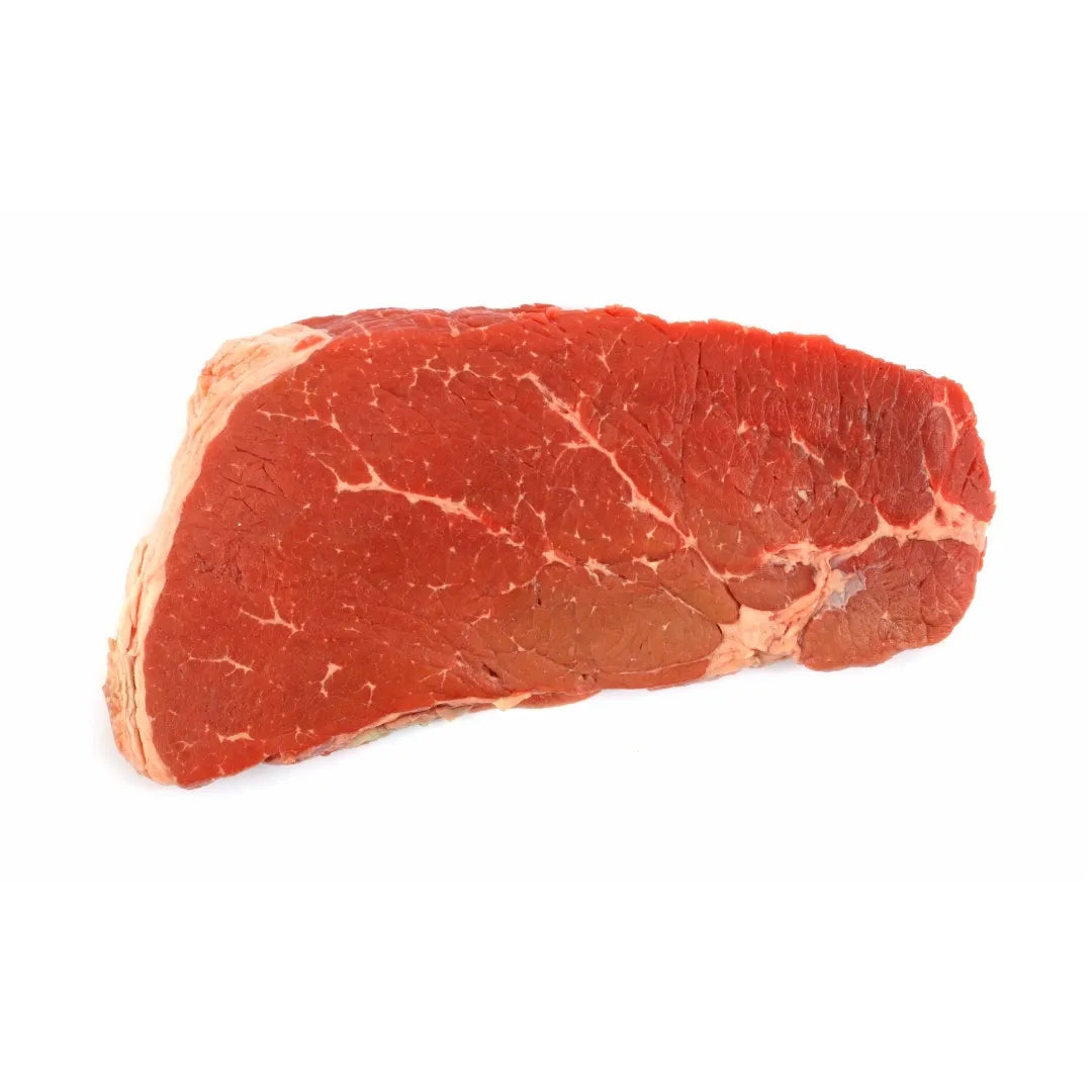 raw beef inside round steak on a white background