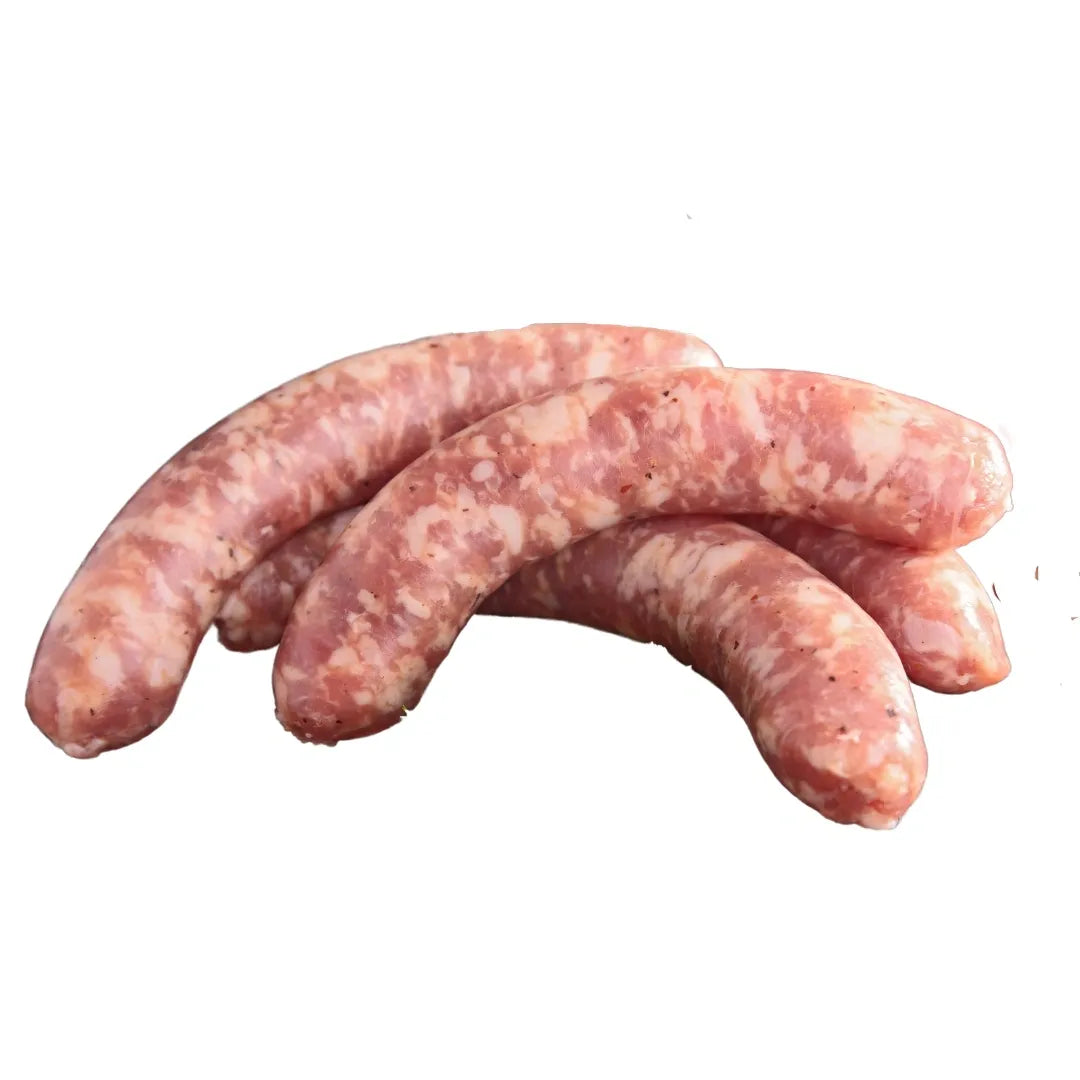 Three raw sausages on a white background
