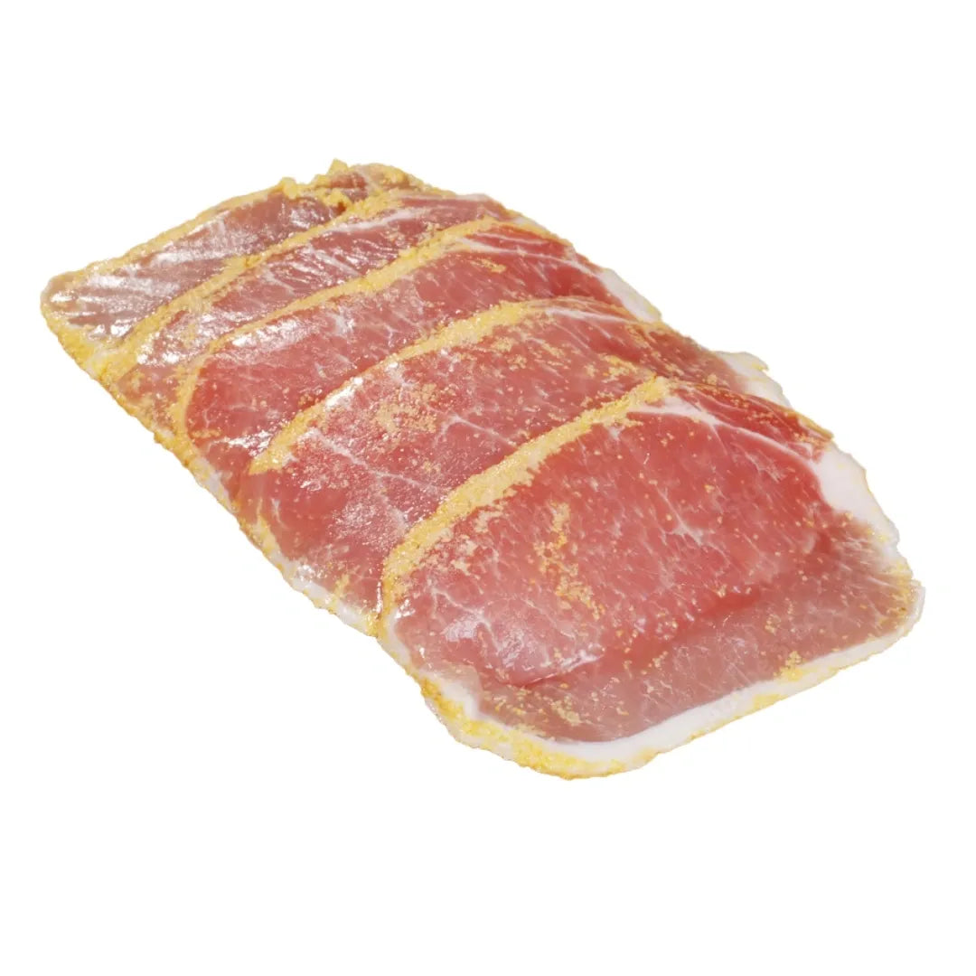 raw back bacon on a white background