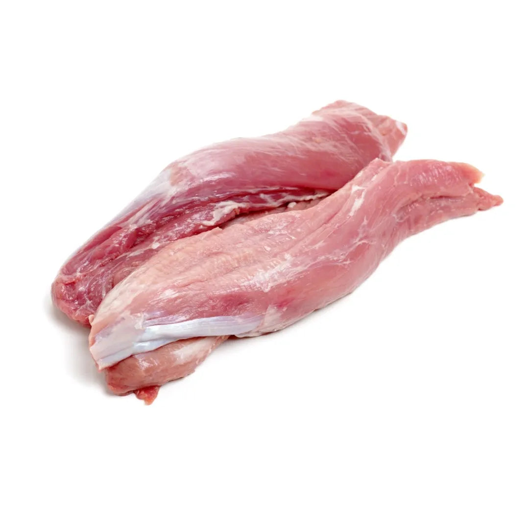 Two pieces of raw pork tenderloin on a white background