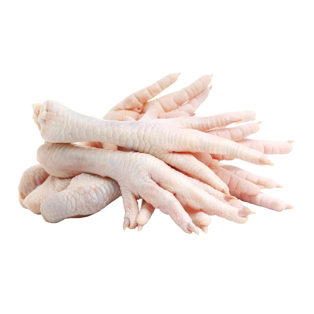 Raw chicken feet on a white background