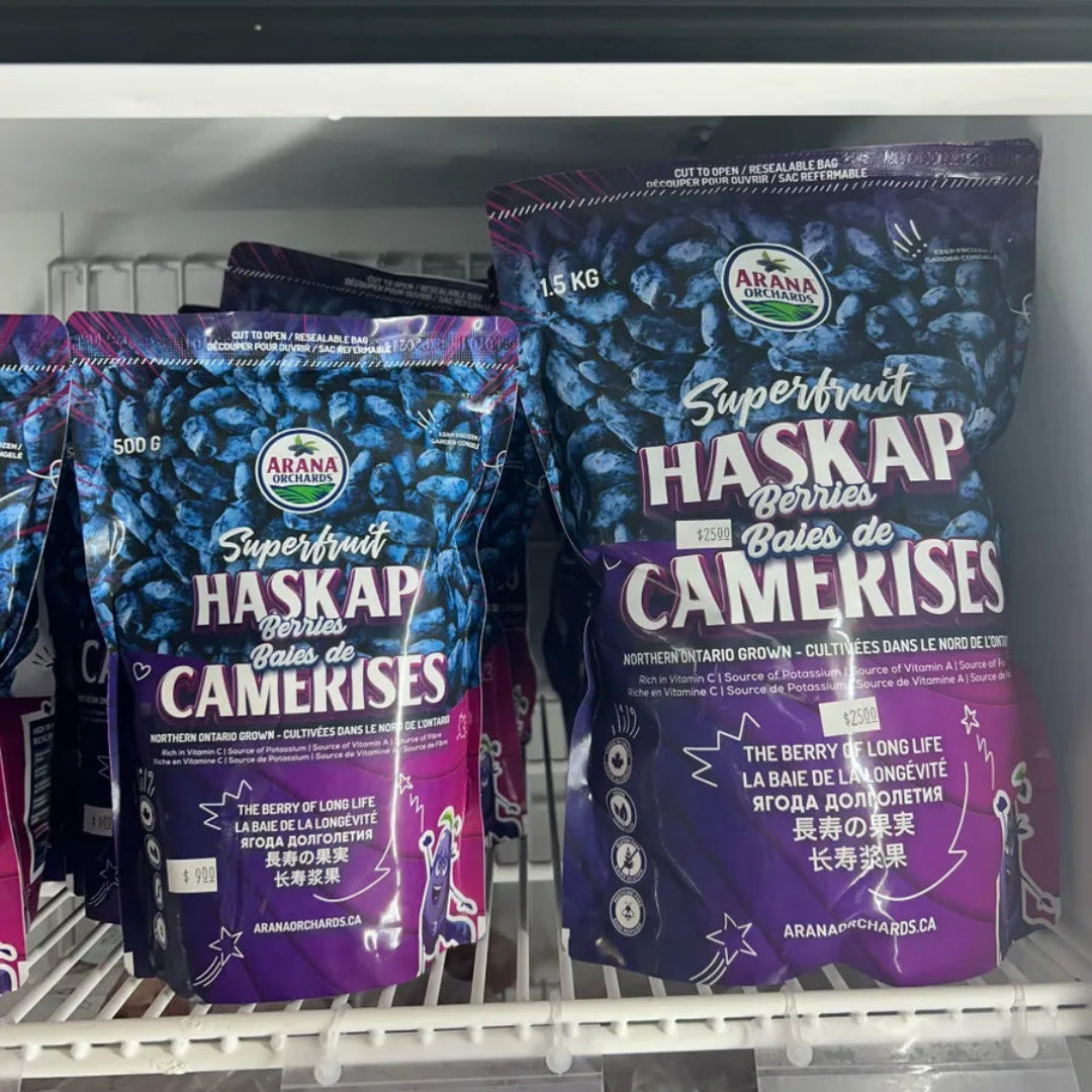 Packages of Arana Superfruit Haskap Berries on a shelf.
